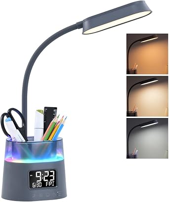 Led Desk Lamp with Pen Holder, Touch Lamps for Nightstand Eye-Caring Bedside Reading Light with Clock, Office Lamps Stepless Dimming, Lamp for Dorm Room, Suitable for Kid/Girl/Boy Gray