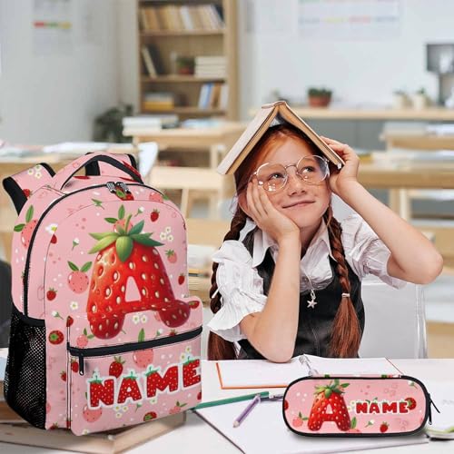 Girls Schoolbag, Custom Strawberry Letter Backpack for Girls, Personalized 3Pcs Set Casual Bookbag for Preschool Elementary Kindergarten Travel2