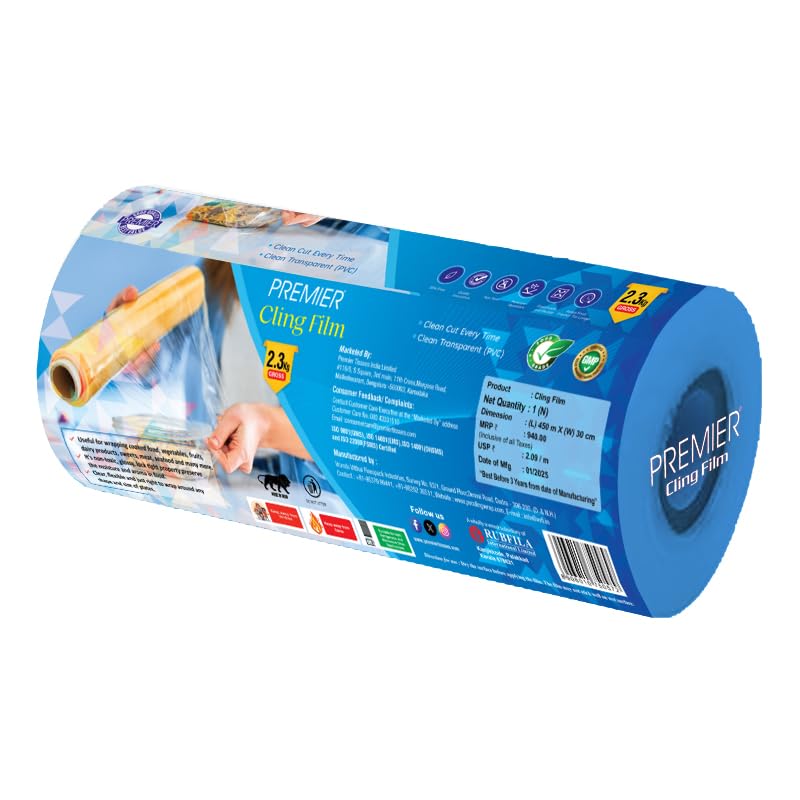 Image of Premier Cling Film - 2.3 Kg, (450 Meter 30 Cm) Food Grade PVC, Multipurpose Food Wrapping Paper, Transparent and Glossy Finish, Non-Toxic (Pack of 1)