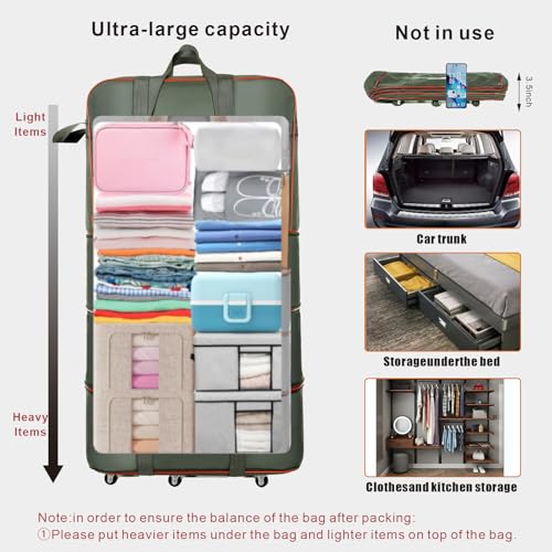 Expandable Large Capacity Travel Bag Oxford Cloth Duffel Bag with Wheels Lightweight Waterproof Travel Foldable Suitcase(ArmyGreen)4