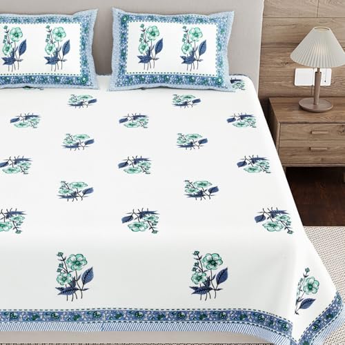 Image of Living Roots Ethnic Jaipur Block Print Double Cotton Bedsheet & 2 Pillow Covers, for Mattress Upto 6 inches Thick, No Colour Bleeding, Blue & Green Colour, King Size 90 * 108 inches, 120TC (613-A)