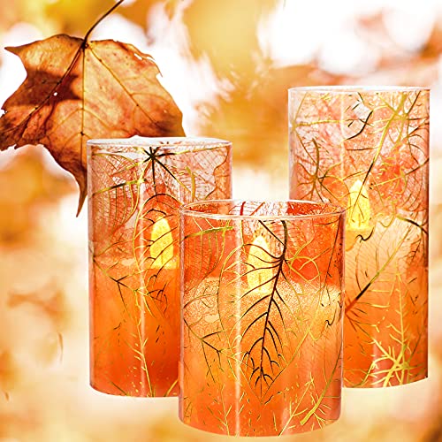 Flavcharm Maple Leaf Glass Flickering Flameless Candles Decorative Led Candles With Remote Fall Harvest Realistic Pillar Candle For Home Thanksgiving Fall Decor Halloween #TOP1