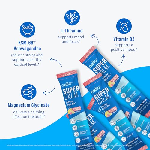 Image of Nello Supercalm Powdered Drink Mix, Cortisol Reducer and Sleep Aid Supplement, L Theanine, Ksm-66 Ashwagandha, Magnesium Glycinate, Vitamin D 3, No Sugar, Non GMO, On The Go, 20 Ct, Raspberry Lemonade