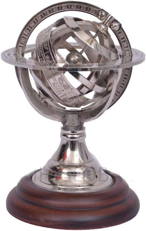 Engraved Brass Nautical Astrolabe Sphere | Rotating Armillary Globe | Home, Office Decor and Figurines | Nickel, 5 Inches