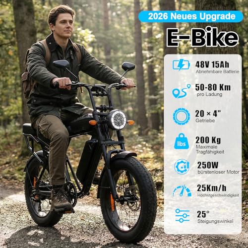 Eleglide E Bike Herren mit 48V 15Ah Batterie, 20 * 4.0 Zoll, Elektrofahrrad mit LCD-Display, All-Terrain E-Bike mit 250W Motor & 25km/h, 3 Fahrmodi,3 Geschwindigkeitsmodi, Reichweite bis zu 80+km