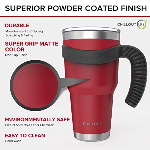 Stainless Steel Travel Mug With Handle 30 Oz - 6 Piece Set. Tumbler With Handle, Straw, Cleaning Brush & 2 Lids. Double Wall Insulated Large Coffee Mug Bundle - Cherry Red Powder Coat Tumbler #TOP4