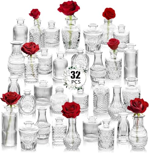 Clear Glass Bud Vase Set of 32 Pcs Small Bud Vases in Bulk Glass Crystal Flower Vases Table Centerpieces for Party Event Wedding Decor Baby Shower Decorations (Clear 32 Pcs)