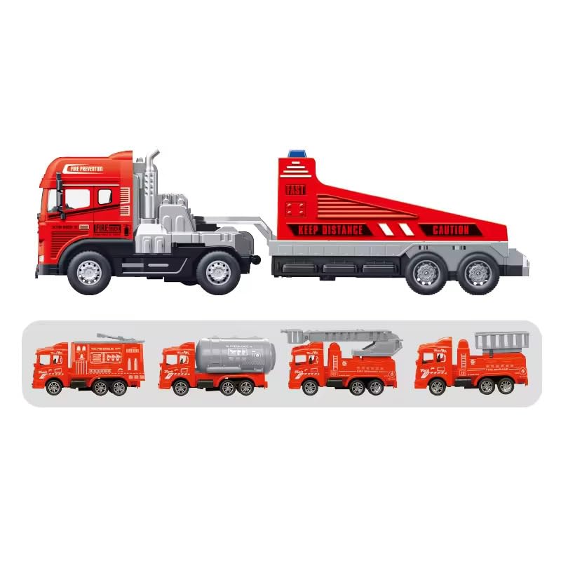 Image of SHIPEASE Friction Powered Fire Engine Truck Toys for Kids Boys 1 /43 Die Cast Metal Model Fire Rescue Excavator Engineering Car Trailer Miniature Toy Pull Back Vehicle (Multicolor)