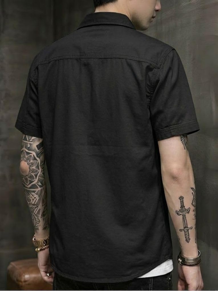 SMOWKLY Camisa casual de algodón liso para hombre con corte regular || media manga, botones, doble bolsillo frontal || Denim Shacket Style Fashion Western Outfit || Camisas de hombro para hombre