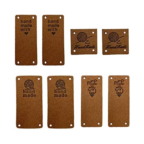 Wenplus 40 PCS Handmade Leather Labels PU Leather Label Hand Made Embossed Tag with Holes Embellishments DIY Accessories for Clothing Jeans Bags Shoes Hat - 4 Styles, Dark Brown Cover