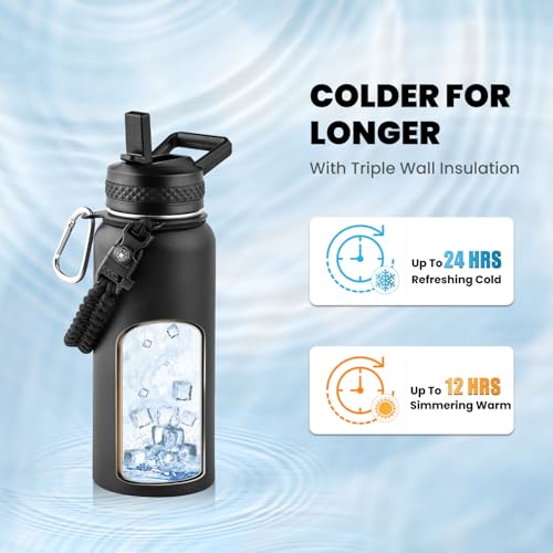 Image of RAYMYLO Insulated Water Bottle 32 oz, Triple Wall Vacuum Stainless Steel (Cold for 24Hrs, Hot for 12Hrs), Leak Proof & Non-BPA, Modern Water Flask Jug with Paracord Handle & Straw Spout Lids