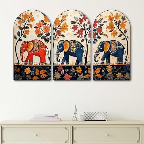 Image of Livin'luxe Elephant Wall Art | Set of 3 MDF Panel Paintings | Traditional Floral & Animal Theme Decorative Wall Hanging for Living Room, Bedroom & Home Interiors (20 x 30 Inch) RPNS-20