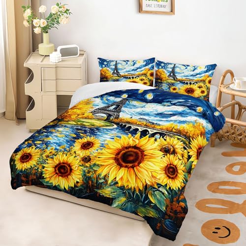 Image of AILONEN Yellow Sunflower Bedding Set Full Size,Eiffel Tower Comforter Set for Girls Women,Oil Style Flowers Floral Van Gogh Quilt with 2 Pillowcase,3Pcs