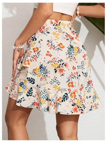 WDIRARA Women's Boho Floral Mini Skirts Ruched Ruffle Hem Drawstring High Waist Short Skirt2
