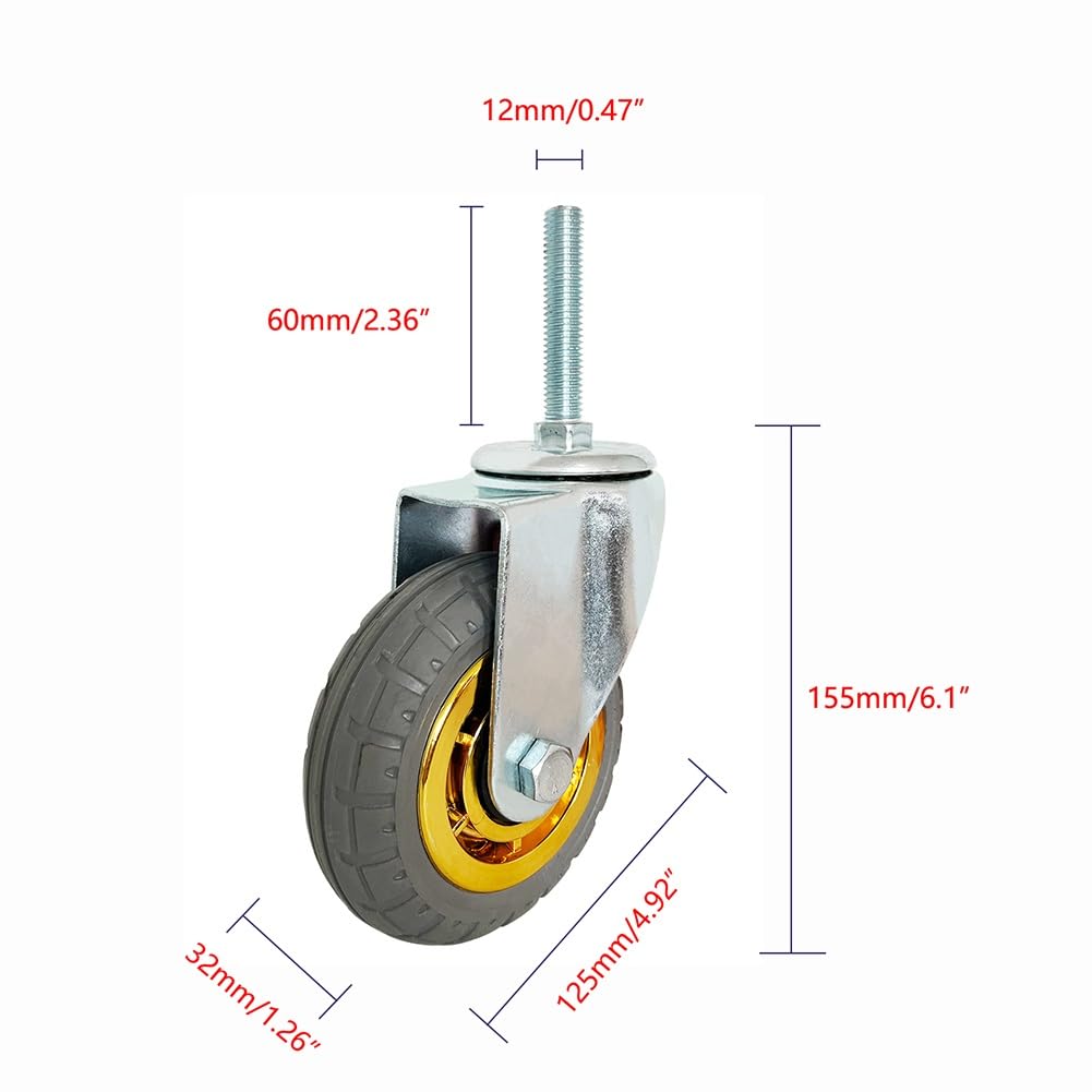 Gerrit 125mm Ruote con M12 Perno Filettato Estesa, Set di 4 Ruota Girevole Silenziosa in Gomma Piena con Freno, Ruota per Carrello Industriale di Fascia Alta per Carichi Medi