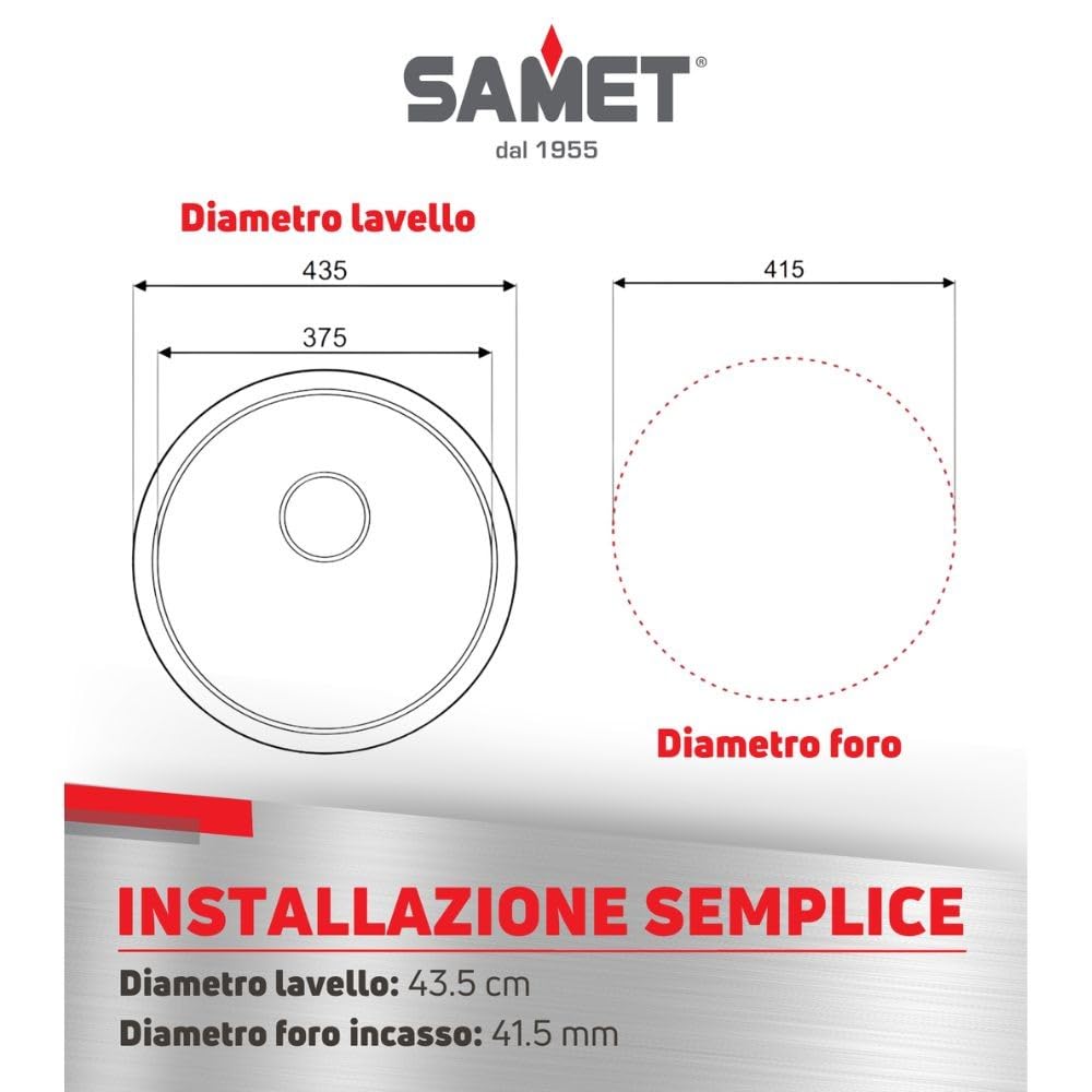 Lavello cucina a pozzetto in acciaio inox da incasso diam. 43.5 cm