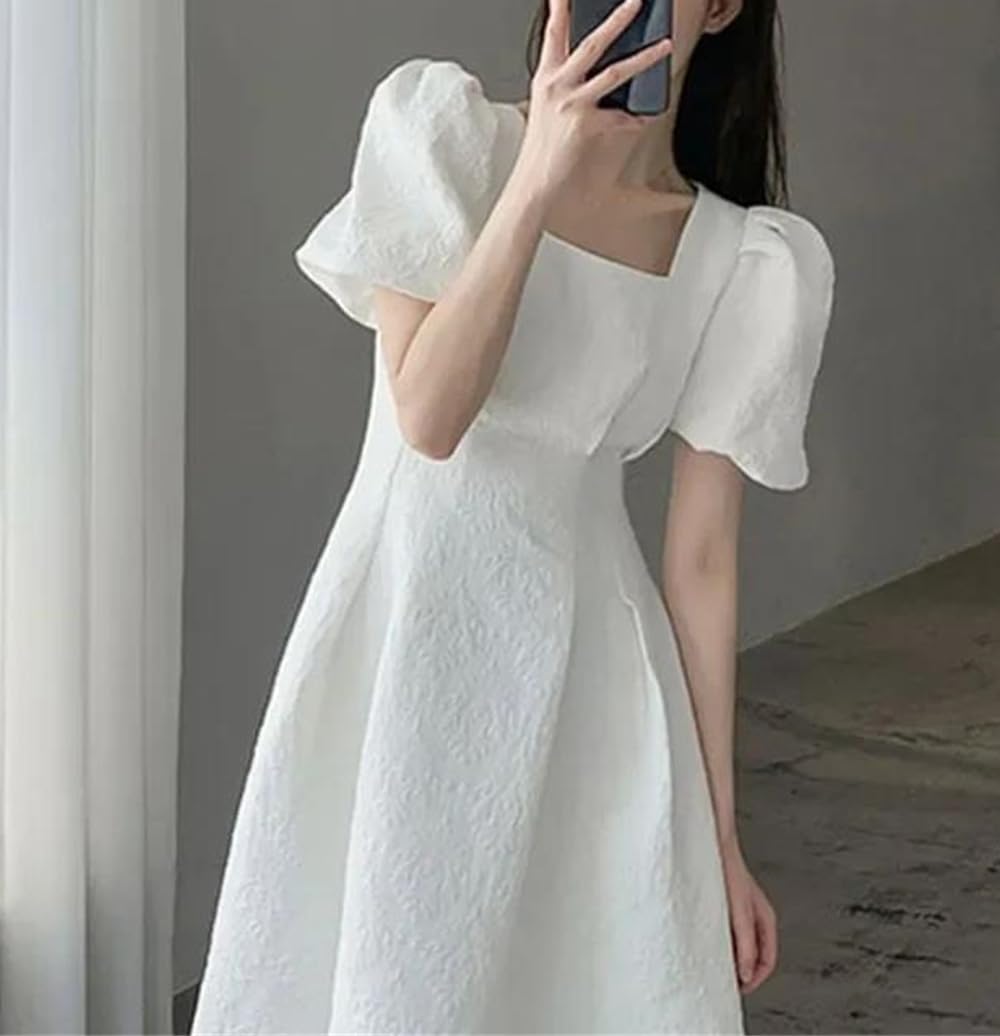 Abito lungo bianco da donna in stile francese con colletto quadrato estivo Plus Size elegante dimagrante abito