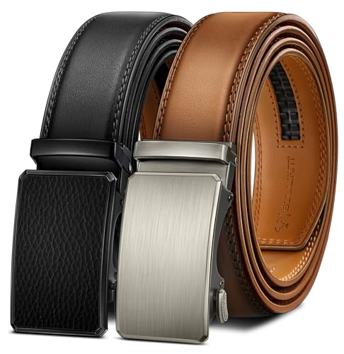 Image of BULLIANT Men belt 2Pack,Leather Ratchet Belt for Gift Men Dress Casual Jeans 1 3 /8 inch,Cut for Fit