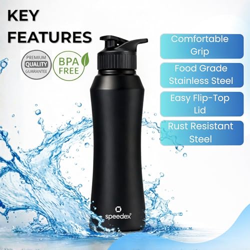 Image of Speedex Stainless Steel Water Bottle 1 Ltr, Leak Proof Sipper Cap, BIS Approved 1000 ml Metal Bottle For Daily, Office, School, Gym, Travel Use for Men, Women, Kids, Adults, Black, Set of 4