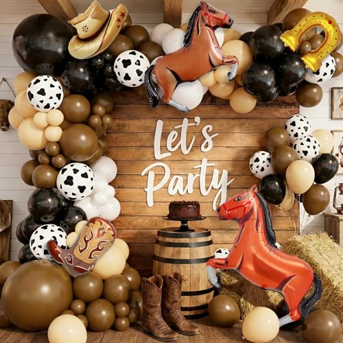 170pcs Western Cowboy Balloon Garland Arch Kit Black Dark Brown White Cream Cow Pattern Balloons for Western Cowboy Farm Wild West Country Baby Shower Birthday Party Decorations
