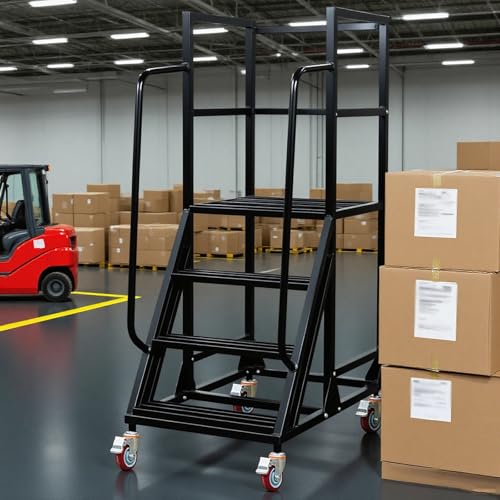 Image of 4 Step Rolling Ladder - Mobile Rolling Stairs with Wheels, Heavy Duty Industrial Safety Non-Slip Metal Rolling Ladders, 1100lbs Capacity, for Warehouse, Garage, Supermarket