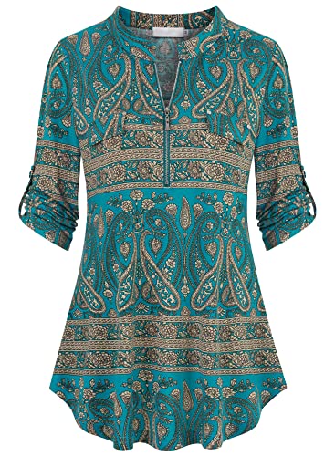 Lalala Business Kleidung Damen Sommer 3/4 Ärmel V-Ausschnitt Büro Blusen Oberteilen Aquamarine Beige 3XL