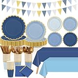 Mimorou 342 Pcs Dusty Blue Party Supplies Blue Tableware for 48 Guests Paper Disposable Plates Napkins Cups Plastic Tablecloth Navy Triangle Banner for Wedding Graduation Birthday