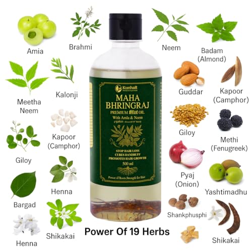 Image of Maha Bhringraj Premium Hair Oil with Amla & Neem - 500 ml (Pack of 2) - Reduces Hair Fall, Cures Dandruff - Ayurvedic Herbal Formula - Power of Roots