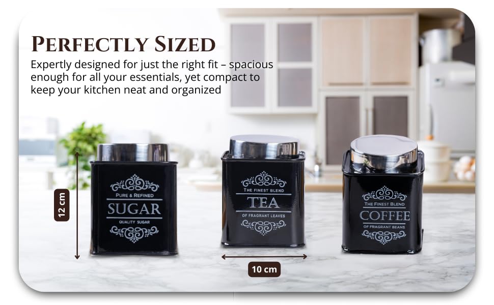 Image of Metallure Home Artisanal Kitchen Storage Jars | Tea, Coffee and Sugar Containers Set of 3 | Airtight Metal Containers for Home | Food Container Set with Secure Lid | Food Safe Kitchen Jar Set (Black)