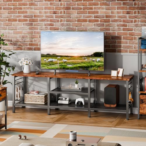 Image of Furologee 55 Inch TV Stand, Entertainment Center with Shelves, Rustic Brown | Media Console Table, Open Storage Shelves, 4 Hooks, for 60 /65 Inch TVs, TV Stands for Living Room, Bedroom