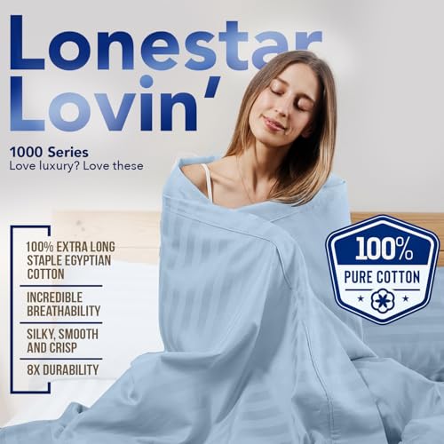 Image of TEXAS LINEN CO. 100% Egyptian Cotton Full Size Sheet Set - Luxury 1000 Series Lonestar Lovin' Damask Bed Sheets Full Size (4 PC, Light Blue Stripe), 16 inch Deep Pocket Extra Long Staple Hotel Sheets
