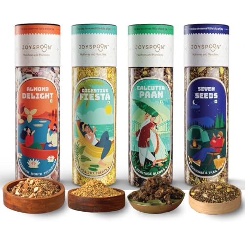 Image of JoySpoon Mukhwas Combo| Almond Delight, Calcutta Paan, Digestive Fiesta & Seven Seeds| Supari Free Mouth Freshener| After-Meal Digestive Snack| No Artificial Colors or Preservatives| Pack of 4x100g