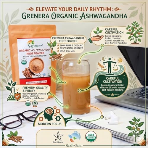 Image of Grenera Organic Ashwagandha Root Powder | USDA Organic, Vegan & Kosher Certified | Non-GMO & Gluten Free | Ashwagandha Powder for Smoothies, Drinks & Recipes | Lab Tested | 2.2 lbs (1 kg)