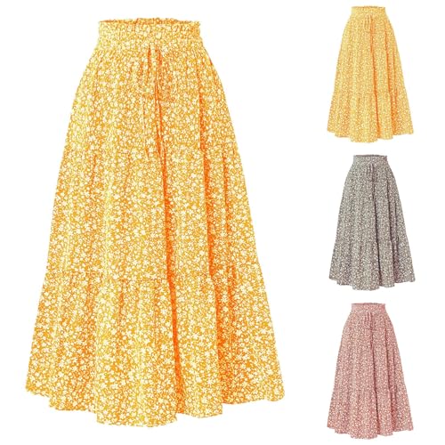 Women Maxi Skirt Floral Tiered Pleated Skirt Flowy Swing High Waisted Go Outing Clothes