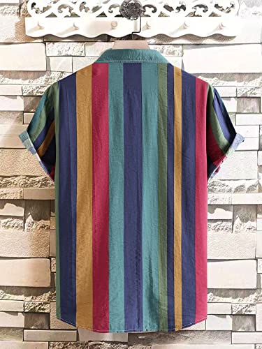 OYOANGLE Men's Color Block Striped Print Short Sleeve Button Up Casual Shirt2