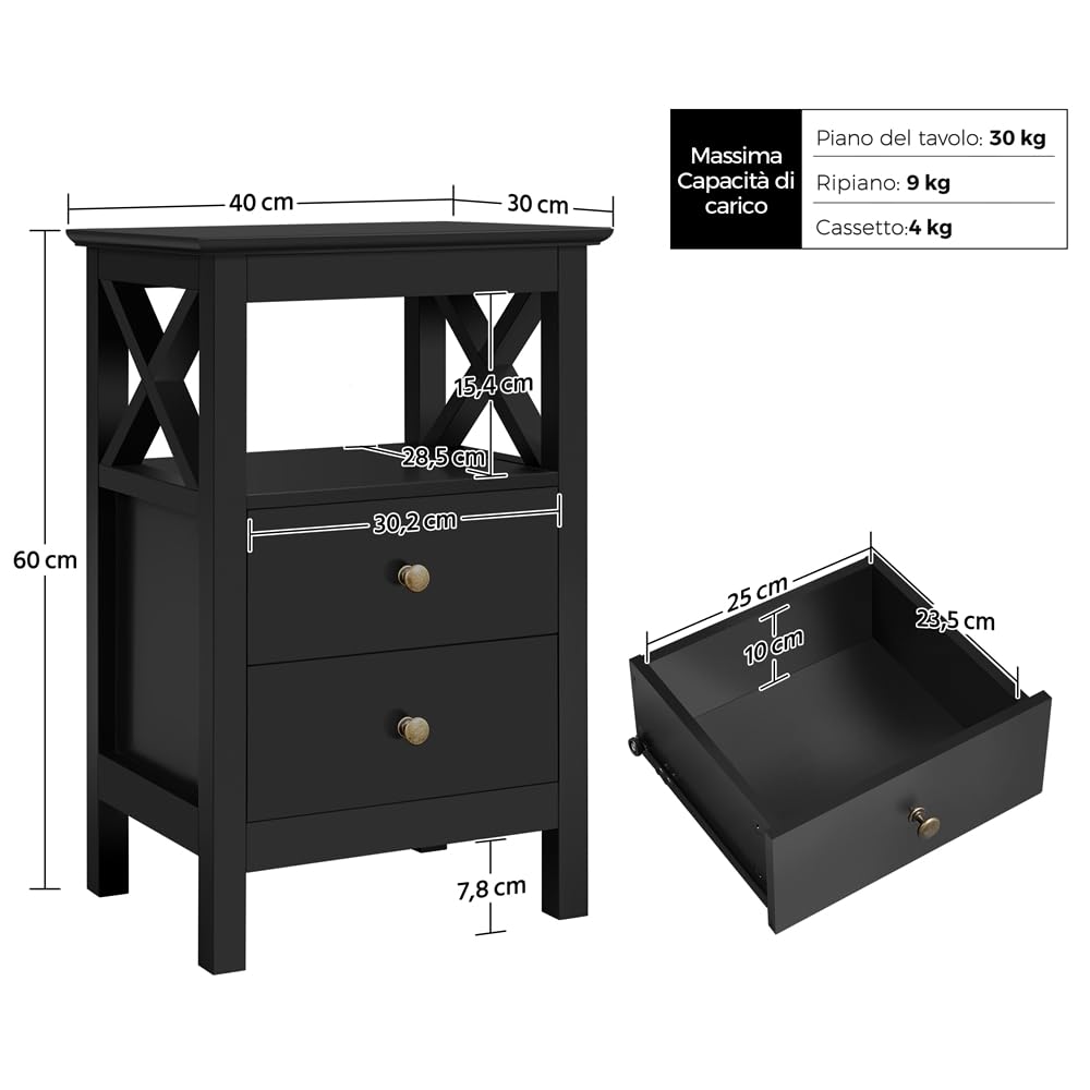 Yaheetech Set 2 Comodini da Camera da Letto Comodino Moderno con 2 Cassetti e Ripiano Tavolino Lato da Divano in Legno Mobiletto da Notte Portaoggetti Stile Shabby Chic 40 x 30 x 60 cm Nero