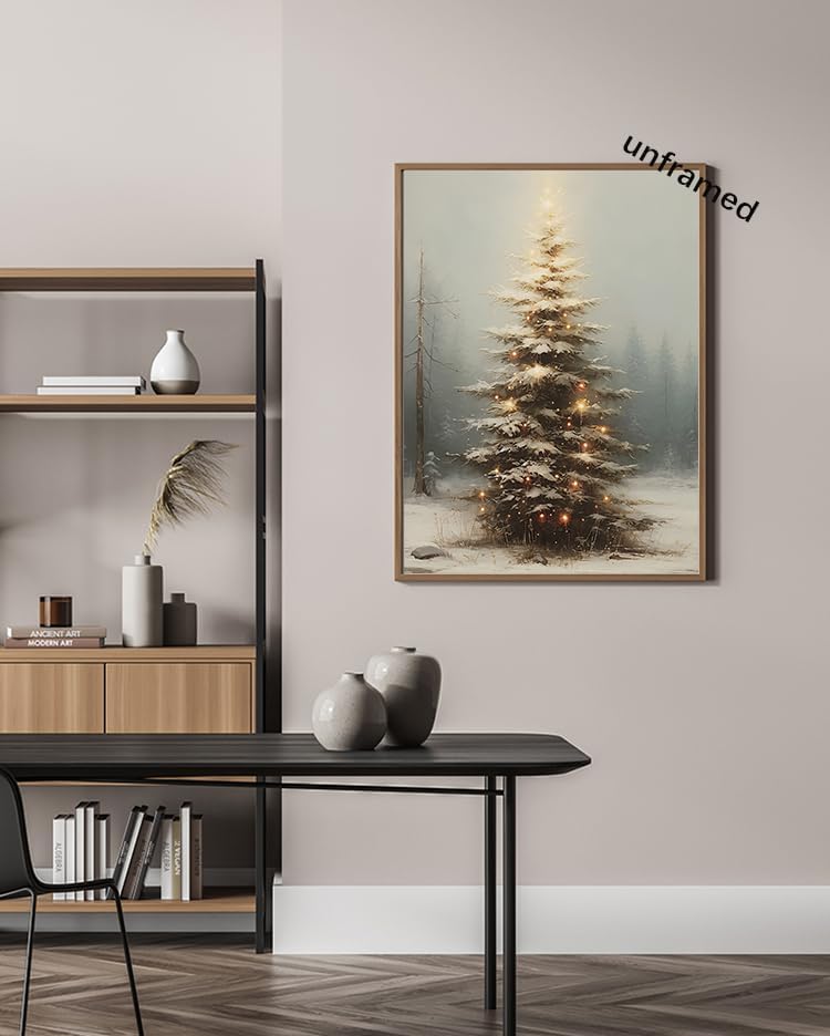 Miniatura 5 de Huabsad Arte de pared vintage con árbol de Navidad, arte retro iluminado de pino de invierno, impresiones estéticas botánicas de escena rústica,