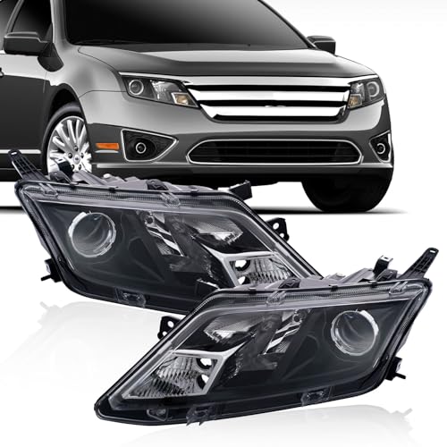 Partzer Headlight Assembly Fit for 2010 2011 2012 Ford Fusion, Halogen Headlamps, (Black Projector), Driver and Passenger Side, Replacement FO2502273 FO2503273