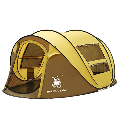 HUI LINGYANG Outdoor Instant 4-Person Pop Up Dome Tent - Easy, Automatic Setup -Ideal Shelter for Casual Family Camping Hiking (Khaki)