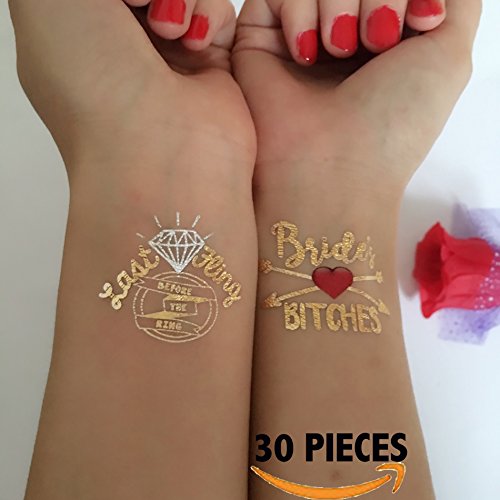 Bachelorette Party Flash Tattoos Bachelorette Bride Party Temporary Tattoos Hen Bridal Shower Party Supplies Gold, Red and Silver Metallic Foil - Bride's Edition 30 Pack