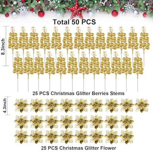 BBita 50Pack Christmas Glitter Berries Stems, 8.3Inch Artificial Christmas Picks for Christmas Tree Ornaments Decorations, DIY Xmas Wreath,Holiday and Home Decor, Gold - image 2