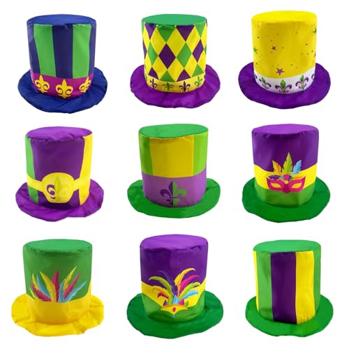 POPCIEL 9 Assorted Pattern Mardi Gras Top Hats Funny Party Costume Hat Pohto Booth Props Drees Up Hats for Adult Teens