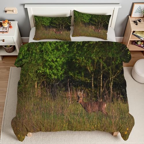 草むら羽毛布団 3D水鹿掛け布団 ド ソフト 冬 キルト オールシーズン被子ソフトふわふわマイクロファイバーウォッャブル 掛け布団暖かい ふわふわ 暖かい羽毛布団軽量 通気 羽根布団210x210cm + 2枚枕カバー・43X63cmTI3971