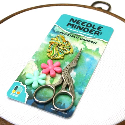 Image of Needle Minder Set - Mandala Dragon Magnetic Needle Minder + 2 Needle Threaders + Crane Scissors. Enamel Pin for Cross Stitch, Embroidery and Craft