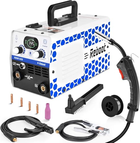 Soldador Hilo Continuo Sin Gas,145A 230V 3 en 1 Portátil Máquina de Soldar MIG con IGBT Inversor Soldadora MIG, Pantalla Digital Inteligente RBM1450