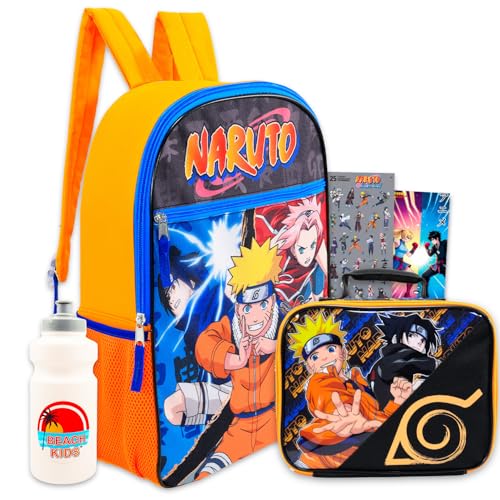 Naruto Mochila com lancheira – Pacote com mochila de anime de 40,6 cm, lancheira, adesivos, garrafa de água, mais | Bolsa escolar Naruto para crianças, meninos, meninas