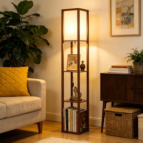 Floor Lamp with Shelves, 3 Layers Wooden Shelf Lamp, Morden Tall Standing Lamp, Walnut Brown Floor Lamps for Living Room, Bedroom, Office, Home Decoration, Includes 9w LED Bulb (2700K Warm White)