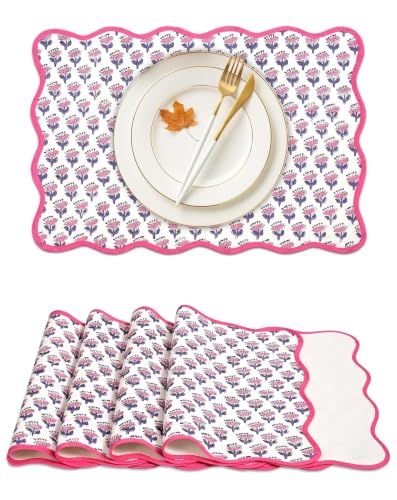 CPC Pink Sapphire Block Print Reversible Scallop Placemat 14x20 Inch Set-4