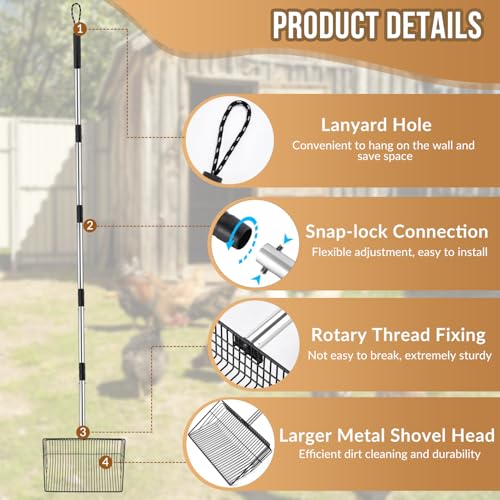 Image of SlowTon Chicken Poop Scooper 10 inch Wide - Stainless Steel Chicken Coop Scoop Heavy Duty with 40 to 77 inch Long Handle for No Bending Work, Chicken Coop Litter Cleaning Tool Sand Sifting Shovel