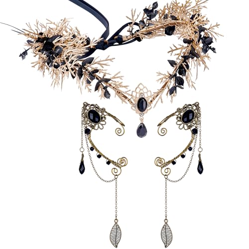 MOSTORY Black Fairy Accessories Set - Dark Flower Elf Crown and Medieval Elf Ear Cuffs for Renaissance Costume Women Vintage Cosplay Renfaire Fairycore Aesthetic Outfit Hallowen